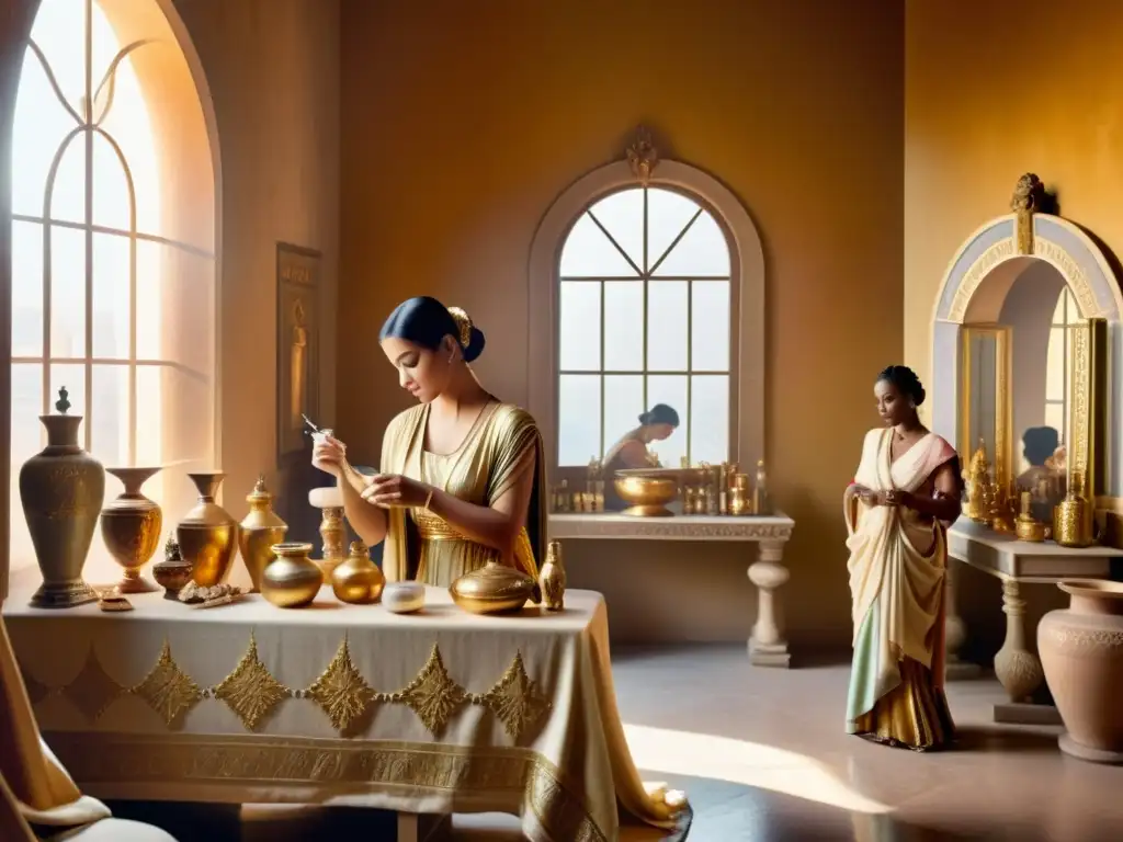 Grupo de mujeres romanas aplicando cosméticos en lujoso entorno, reflejando la influencia GrecoRomana en cosmética