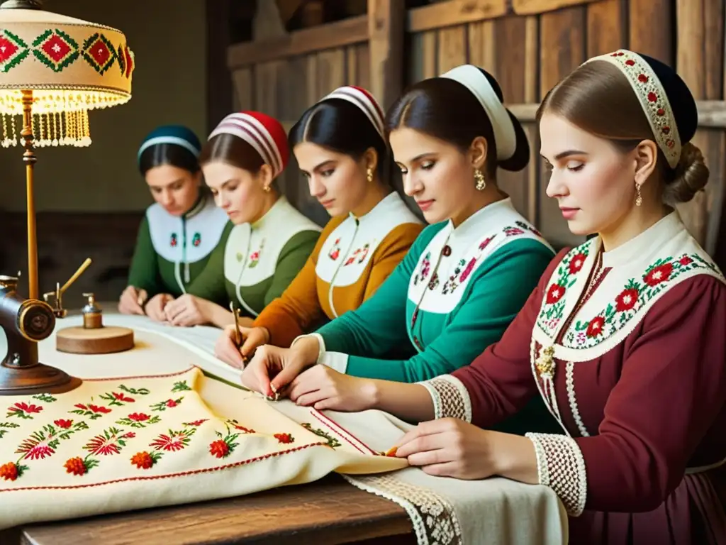 Un grupo de mujeres rusas bordando con historia en un taller tradicional, inmersas en la artesanía con hilos coloridos y vestimenta típica