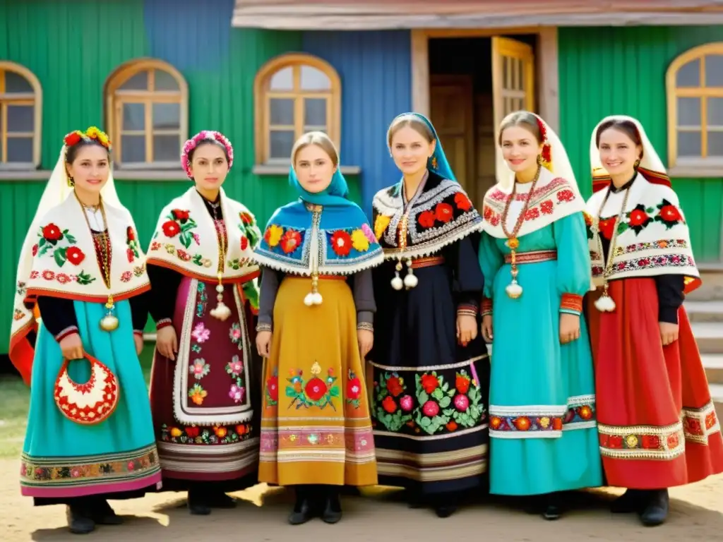 Un grupo de mujeres rusas vistiendo trajes tradicionales en una plaza del pueblo, con diseños artísticos de vestimenta rusa