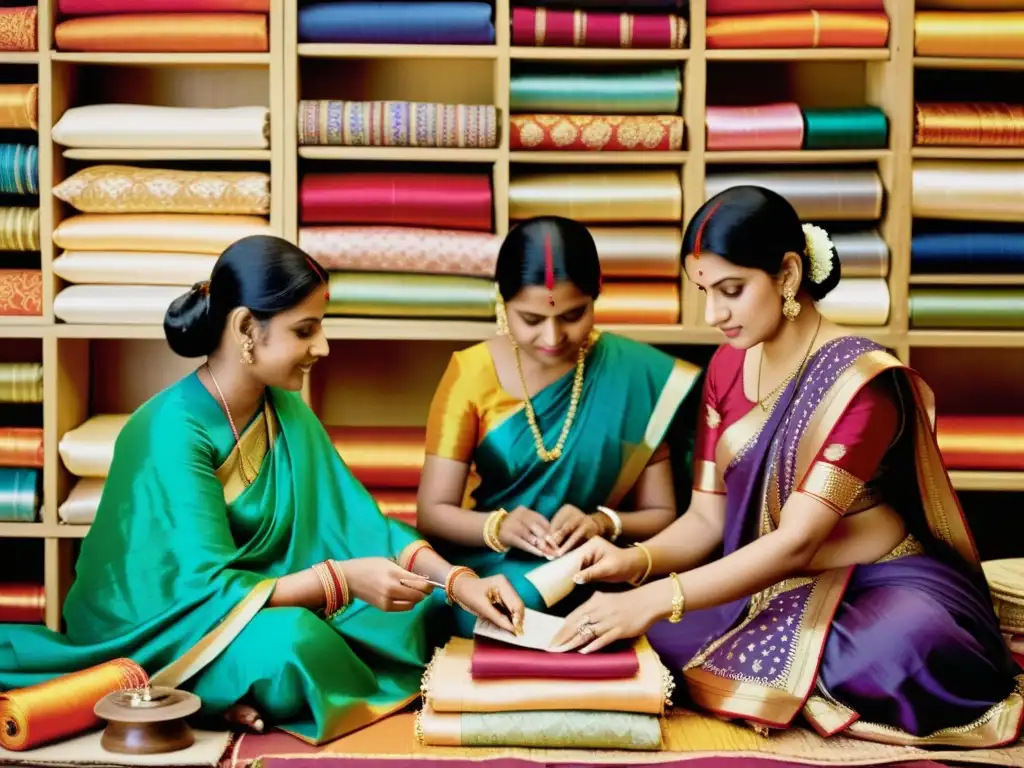 Un grupo de mujeres en sarees tradicionales bordando textiles sagrados en la India, rodeadas de colores y tradición