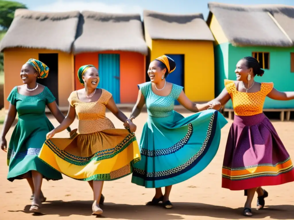 Un grupo de mujeres sudafricanas bailando con vestidos de tejido Shweshwe, en un entorno tradicional con patrones vibrantes y cálida luz del atardecer