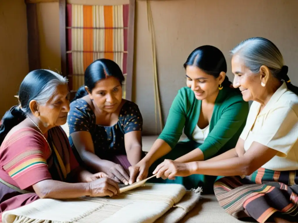 Grupo de mujeres tejedoras en América Latina, transmitiendo conocimiento textil a través de generaciones