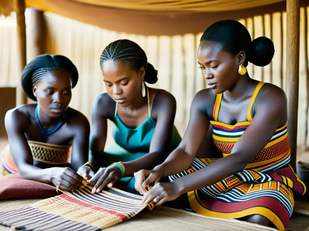 Un grupo de mujeres kuba teje tela kuba con patrones vibrantes en el Congo, evocando arte, historia y tradición