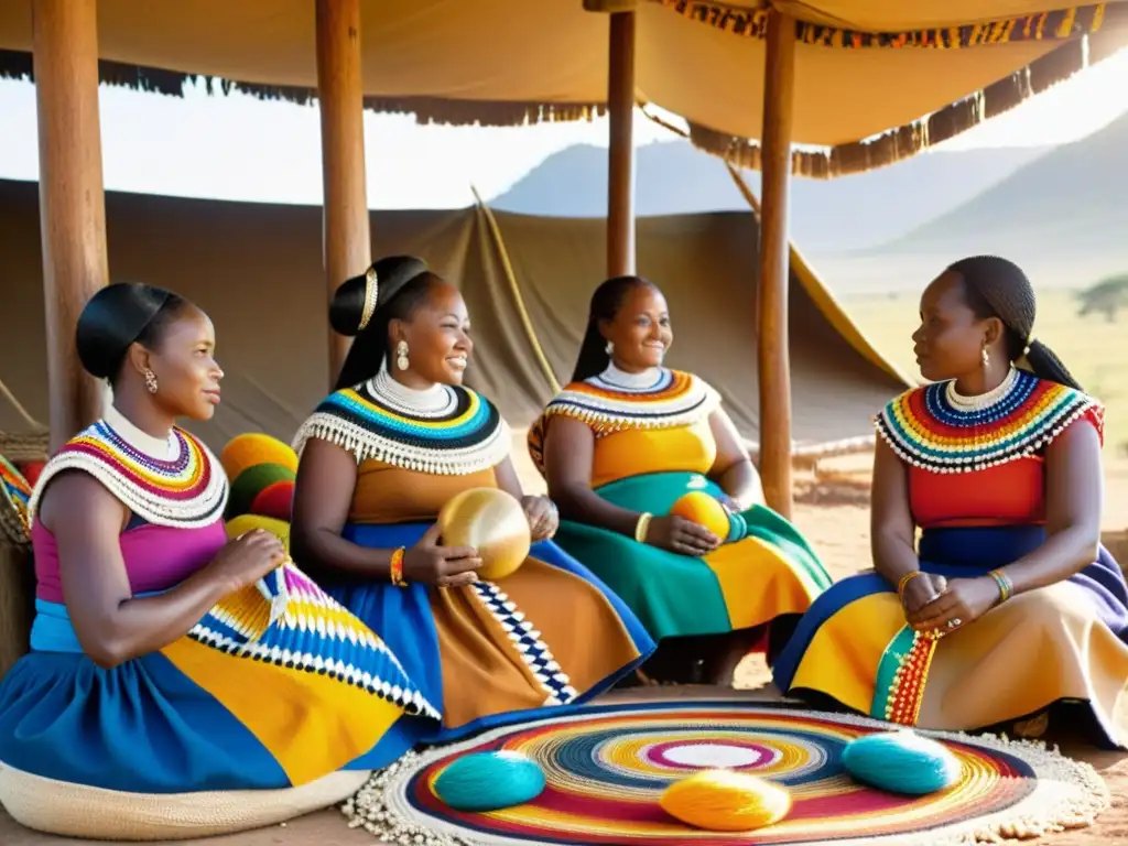 Un grupo de mujeres Zulú tejiendo telas coloridas y patrones, rodeadas de textiles vibrantes y cestas de hilo teñido, con la cálida luz del sol resaltando el significado cultural de patrones Zulú en su tejido tradicional