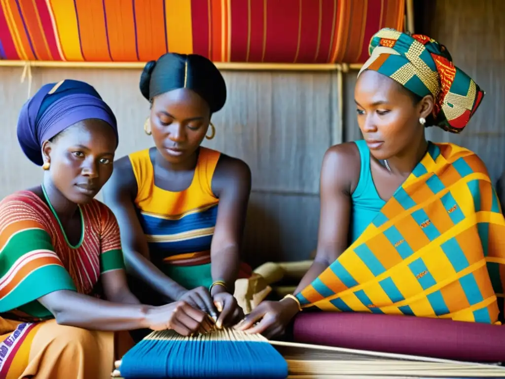 Grupo de mujeres Akan tejiendo textiles coloridos en telares tradicionales, mostrando el significado de los mensajes codificados en los textiles Akan