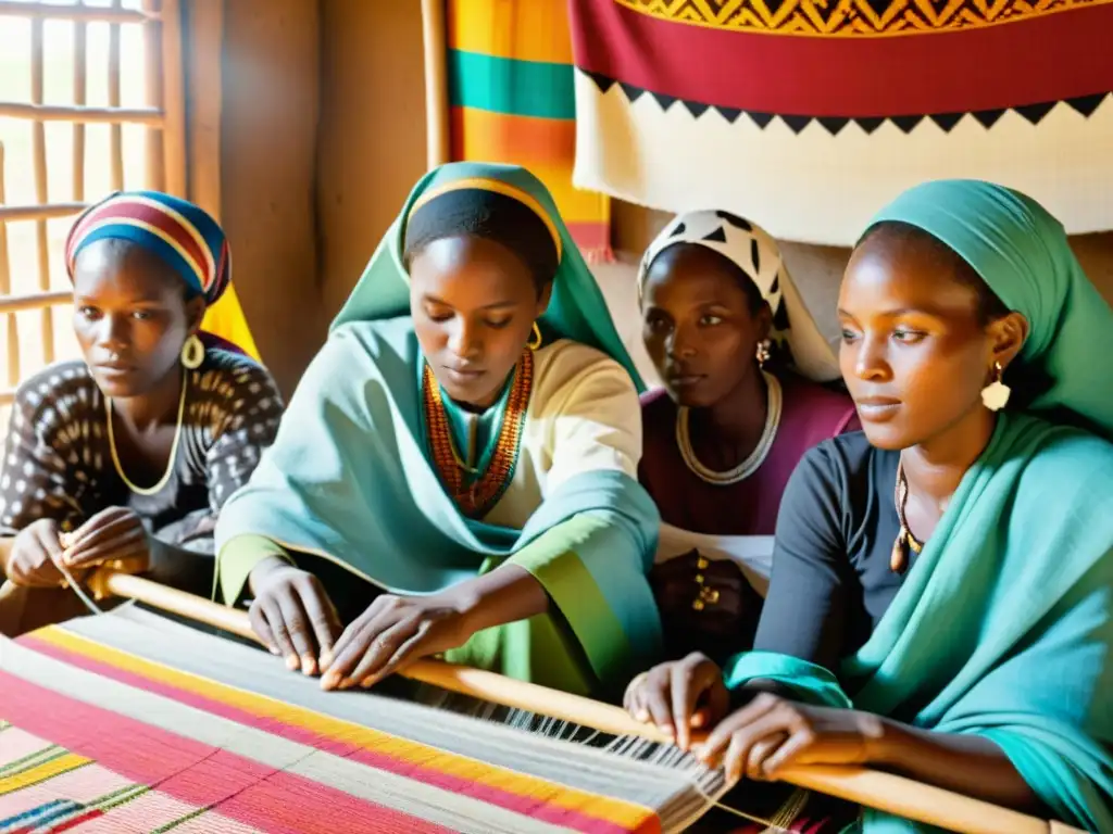 Un grupo de mujeres Fulani teje textiles coloridos con patrones geométricos en telares