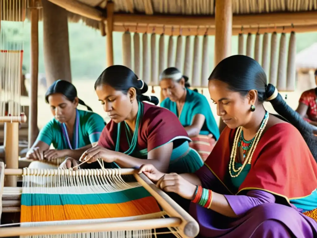 Grupo de mujeres Ewe tejiendo textiles tradicionales con maestría en telares de madera, destacando la rica herencia cultural y artesanía de los tejidos tradicionales de Ewe textiles