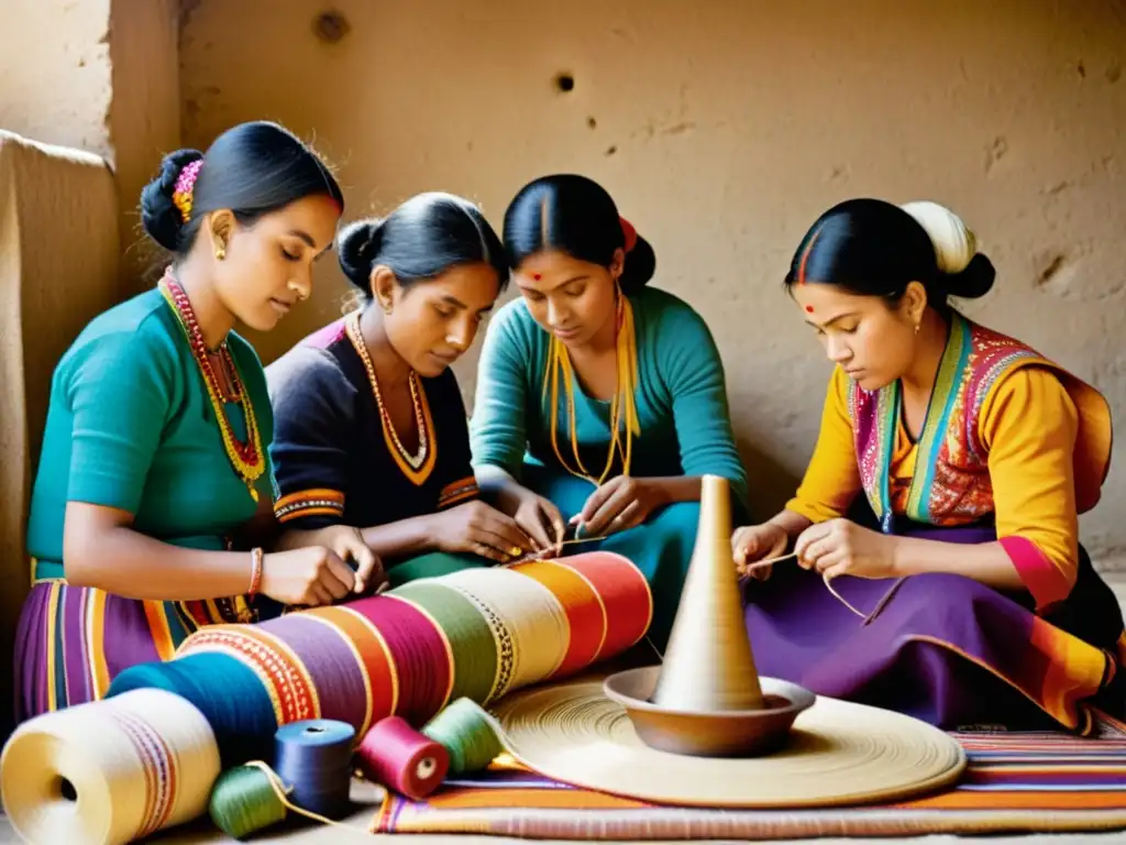 Un grupo de mujeres Ewe teje textiles tradicionales con expresiones concentradas, rodeadas de coloridos hilos y telas