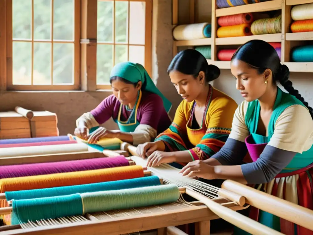 Grupo de mujeres Ewe tejiendo textiles tradicionales en telares de madera, con telas vibrantes y patrones intrincados