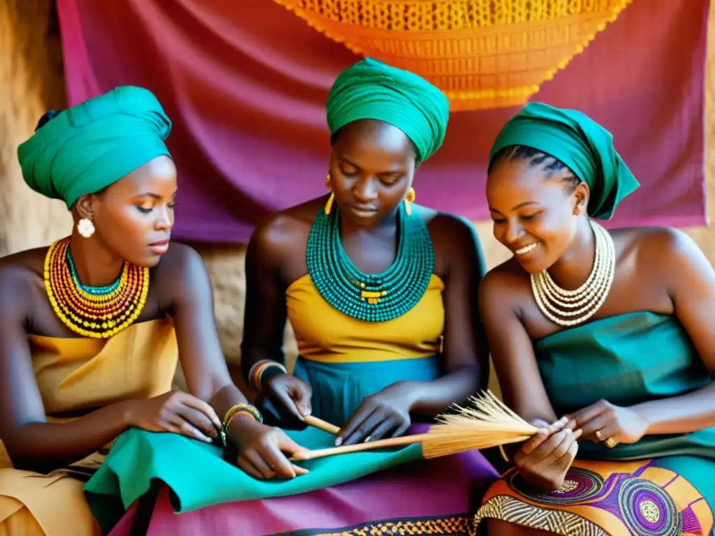 Grupo de mujeres en trajes africanos tradicionales tejiendo telas coloridas, comunicación visual en tejidos africanos