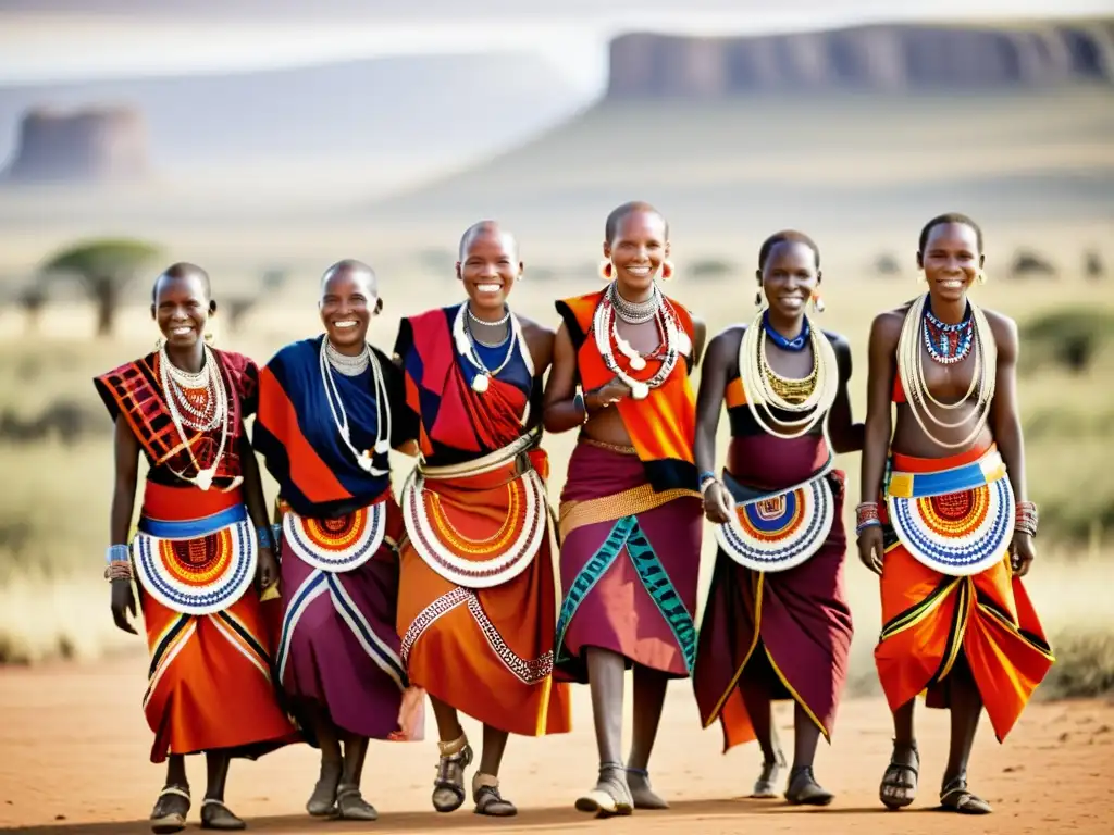 Un grupo de mujeres Masai bailando con trajes tradicionales en la sabana africana, capturando la evolución de los patrones Masai