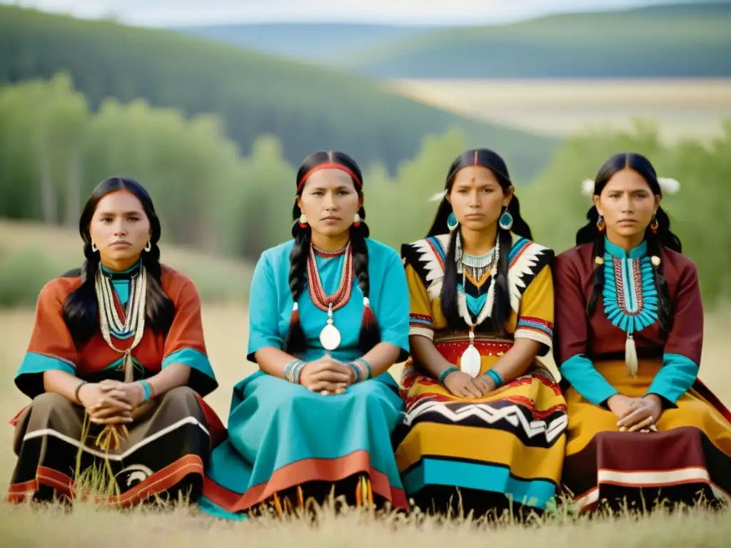 Grupo de mujeres de Tribus Nativas Americanas vistiendo patrones tradicionales en entorno natural, con colores vivos y detalles impactantes