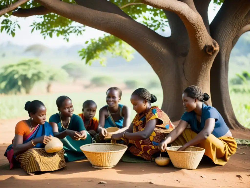 Un grupo de mujeres Tutsi teje cestas bajo un árbol, mostrando el resurgimiento del tejido de cestas Tutsi