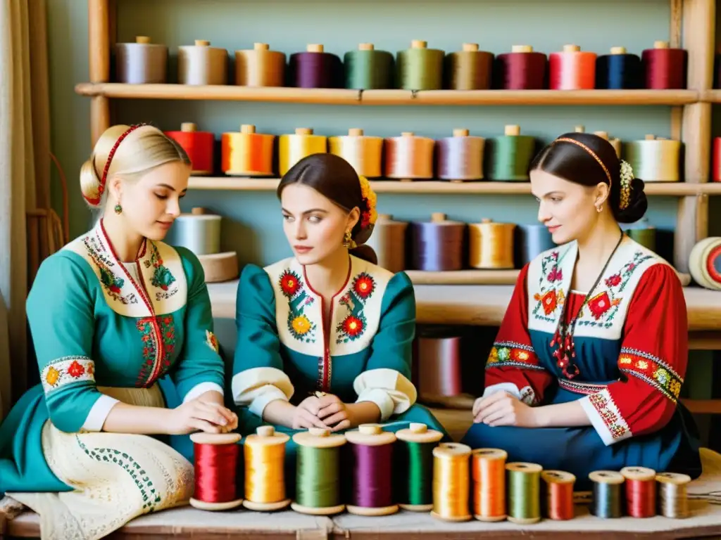 Un grupo de mujeres ucranianas en el taller motivos ucranianos bordados ancestral, inmersas en la rica tradición de la artesanía