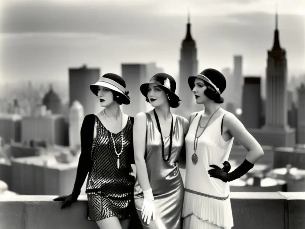 Un grupo de mujeres con vestidos de los años 20 posando frente a un telón de fondo de la ciudad