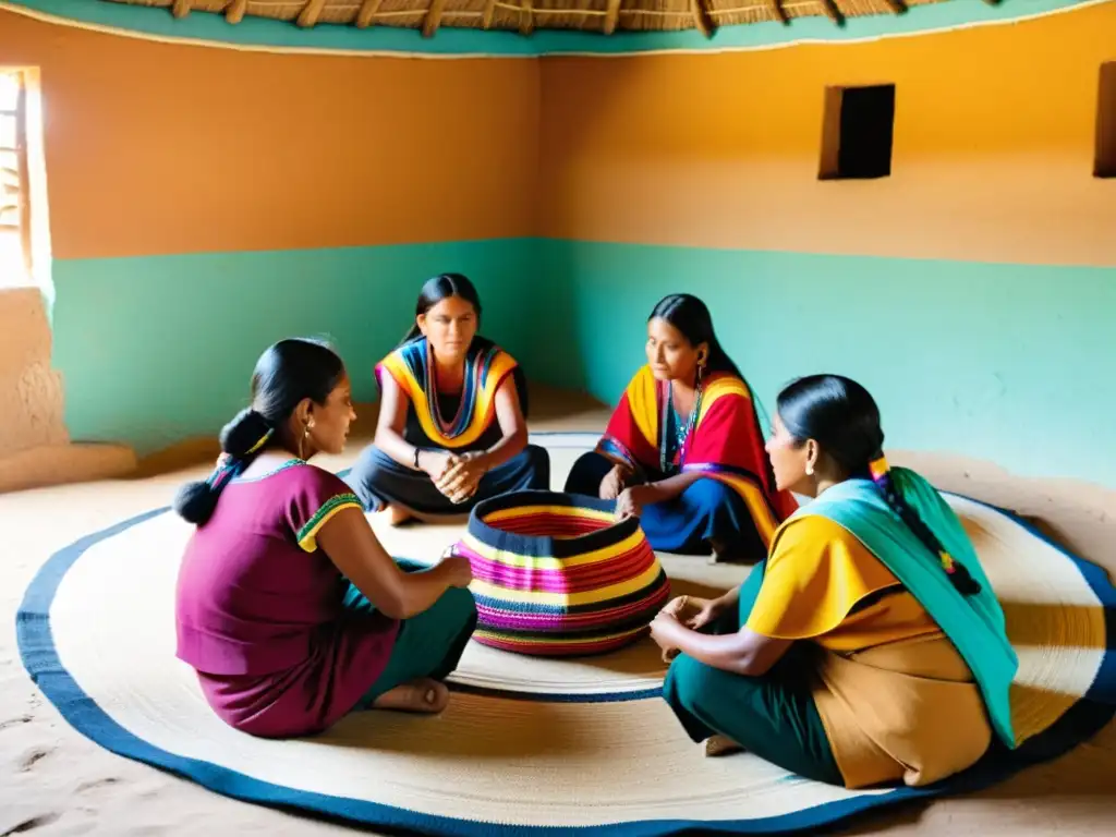 Grupo de mujeres Wayuu en técnica ancestral tejidos Wayuu, creando coloridas mochilas en círculo, bajo la cálida luz dorada