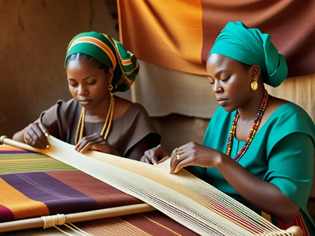 Un grupo de mujeres Yoruba tejiendo tapestries con iconografía Yoruba en tonos tierra y luz natural cálida