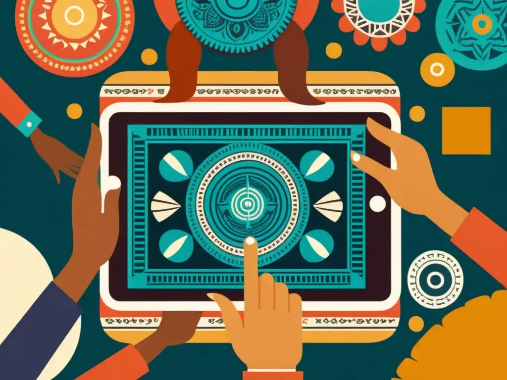 Un grupo multicultural se reúne alrededor de una tablet, con patrones tradicionales que se entrelazan