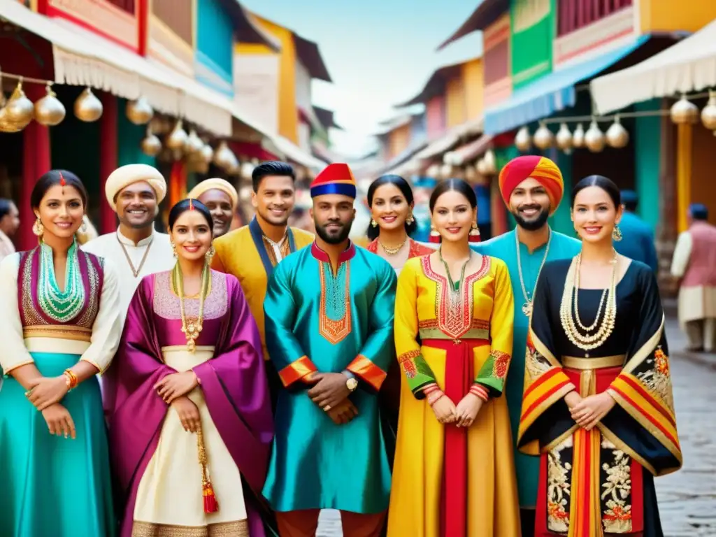 Grupo multicultural viste trajes tradicionales en bullicioso mercado