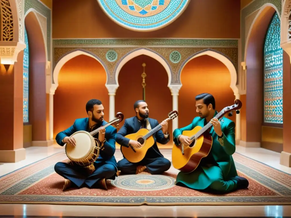 Un grupo de músicos toca instrumentos árabes en una sala ornada con mosaicos