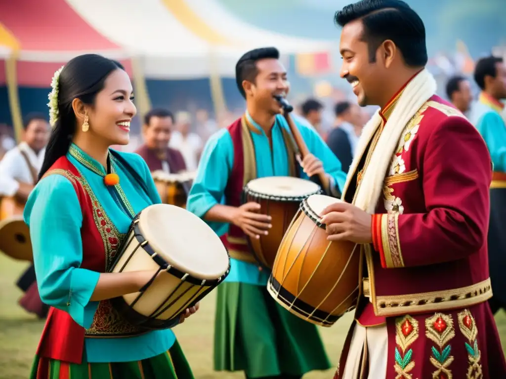 Grupo de músicos tocando instrumentos folclóricos en un festival animado, con colores vibrantes y artesanía vintage