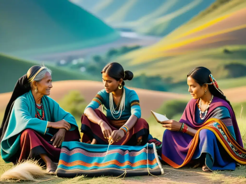 Un grupo nómada tejiendo patrones textiles tradicionales en las colinas, con cielos vibrantes