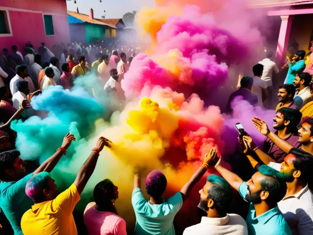 Grupo celebrando Holi, con patrones de color en el aire, reflejando la alegría del festival