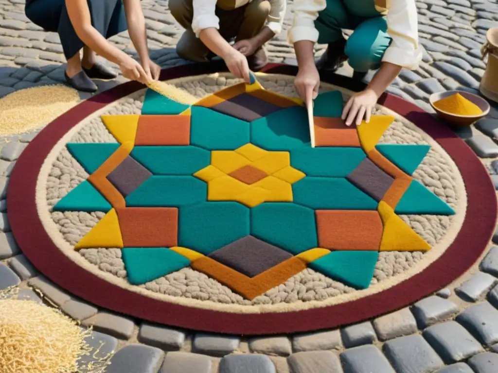 Un grupo de personas crea una elaborada alfombra de aserrín en una calle empedrada durante una celebración tradicional