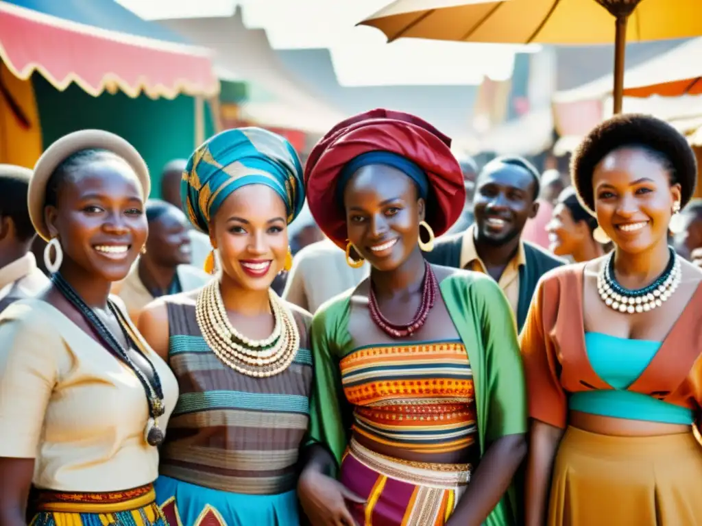 Grupo de personas de diversas etnias africanas vestidas con atuendos tradicionales en un bullicioso mercado