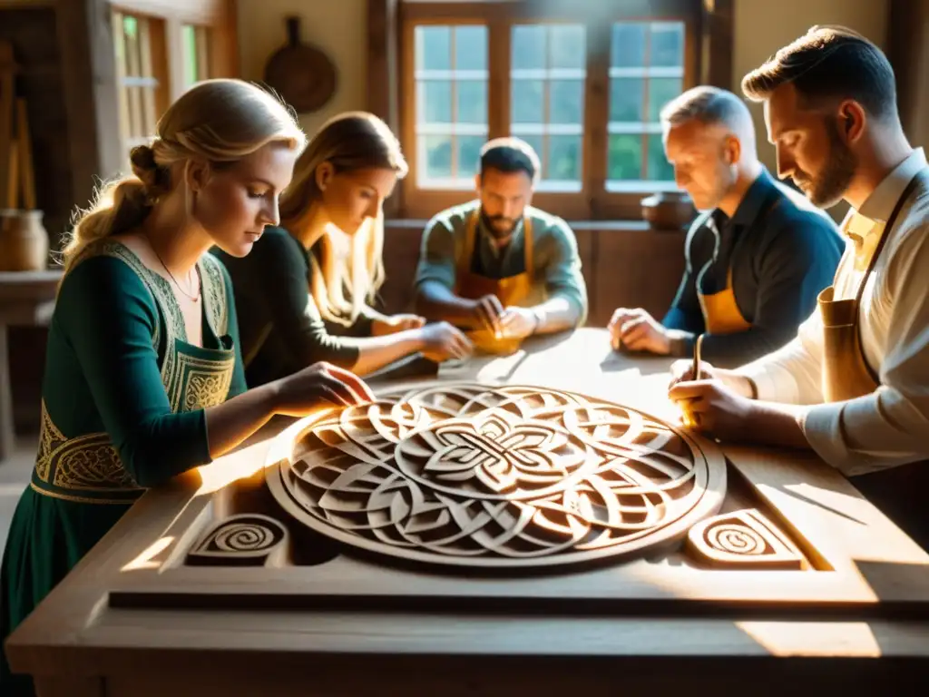 Un grupo de personas recreando patrones celtas en un taller en Irlanda, inmersos en la artesanía y la tradición