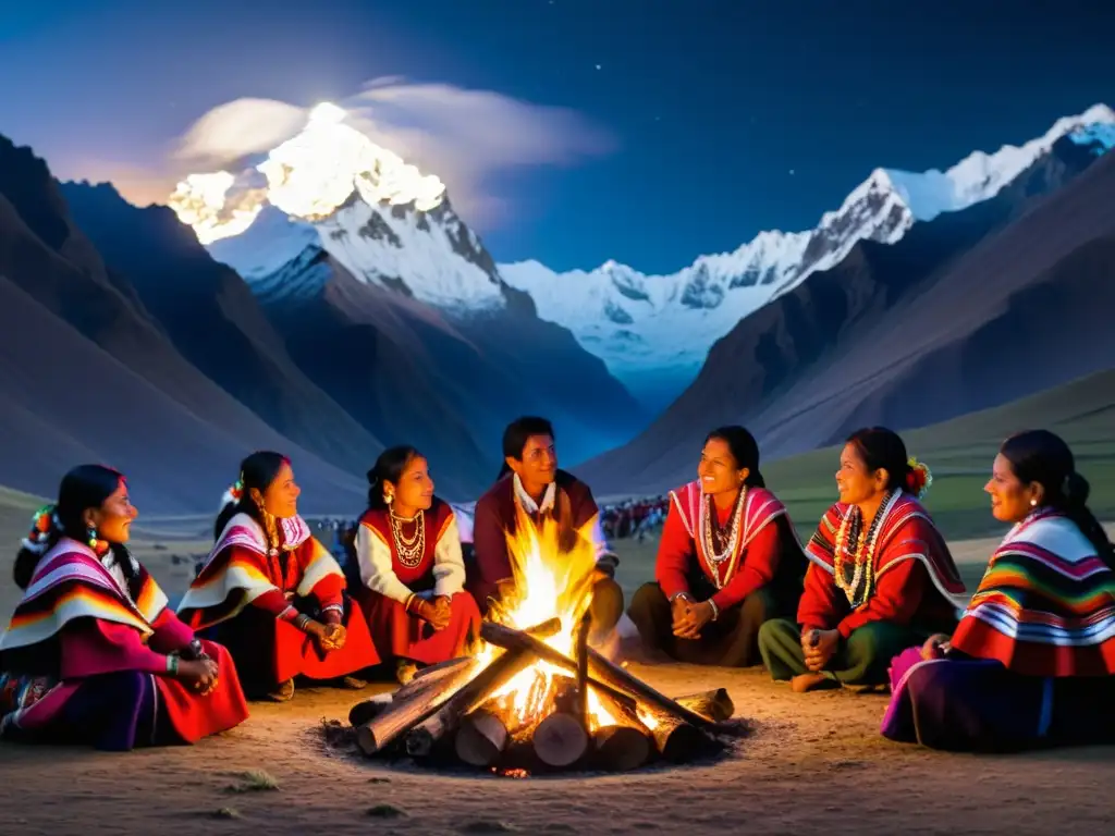 Grupo de indígenas peruanos reunidos alrededor de una fogata en la noche, con montañas nevadas al fondo