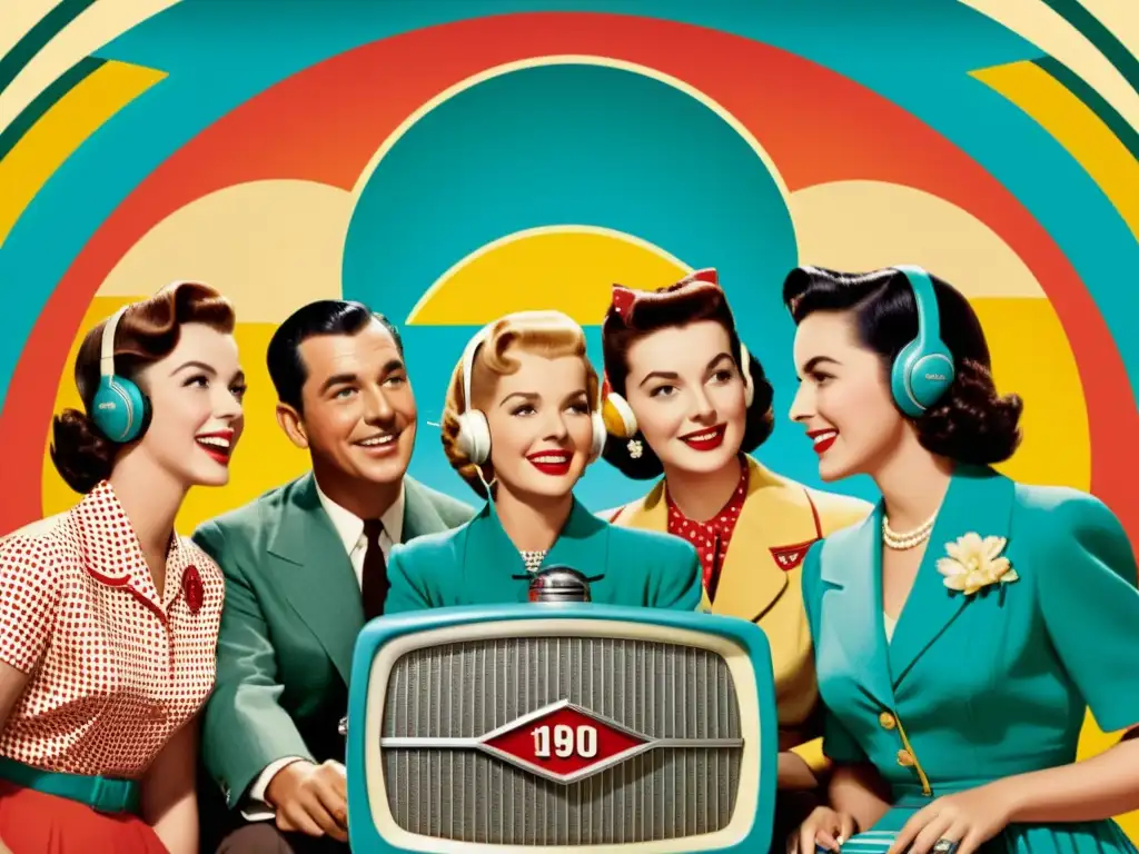 Grupo escucha radio vintage, con vestimenta de los 50 y fondo colorido, resaltando la importancia de patrones culturales en publicidad