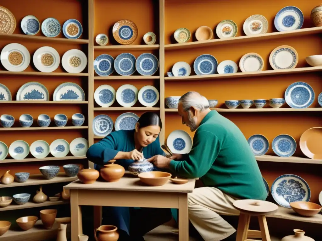 Artesanos de cerámica decorando con dedicación Un grupo de renombrados artistas ceramistas trabajan meticulosamente en un taller tradicional, decorando platos y jarrones con patrones elaborados