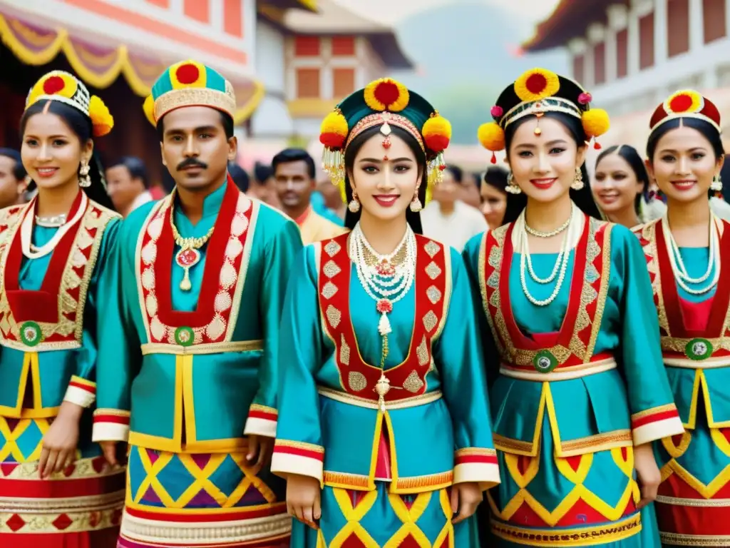 Grupo en ropa festiva con patrones simétricos, danzando en festival cultural, evocando tradición y arte