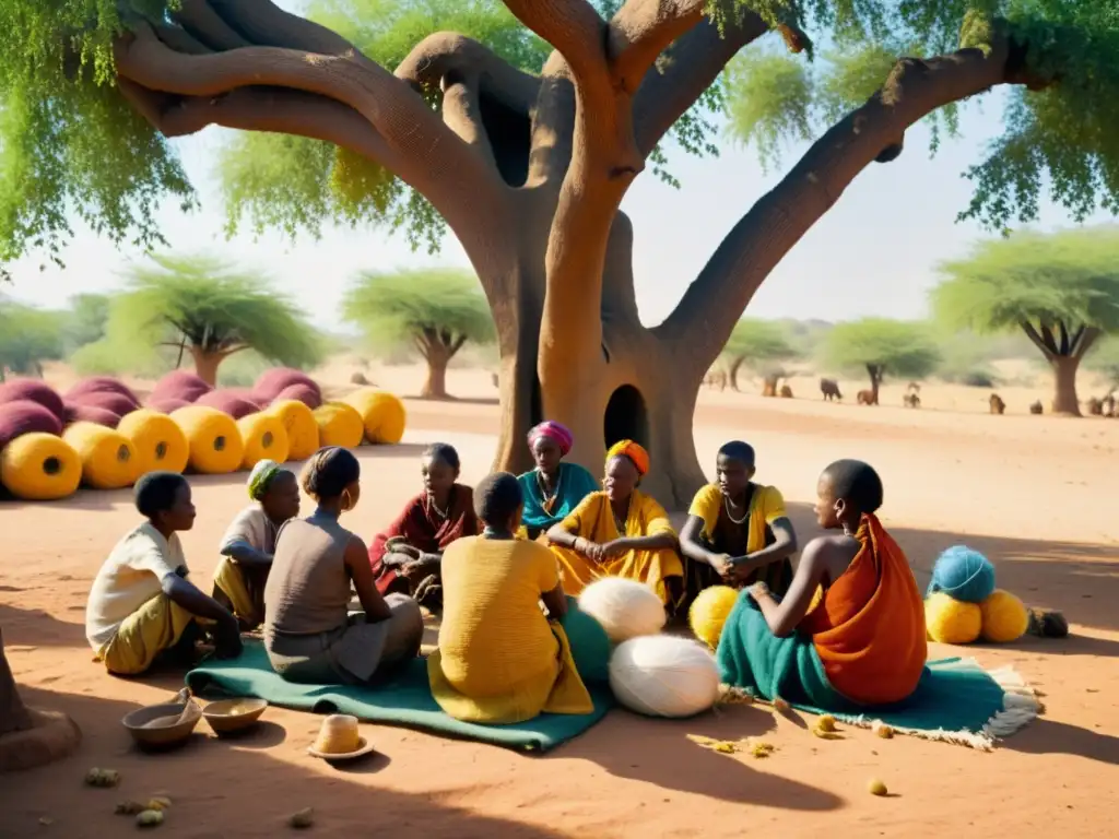 Grupo de tejedoras Dogon se concentran bajo un árbol, hilando con destreza