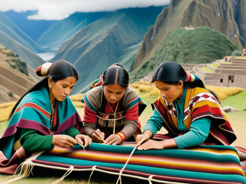 Un grupo de tejedoras incas crean diseños tradicionales con vibrantes hilos, en un escenario montañoso