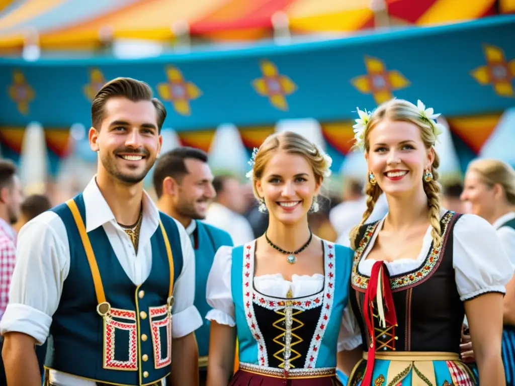 Grupo en trajes tradicionales alemanes 'trachten' en el Oktoberfest, destacan los patrones florales y geométricos