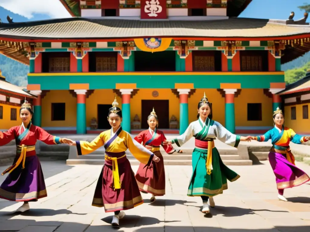 Grupo en trajes tradicionales bhutaneses bailando la danza ceremonial de la esvástica en un patio rodeado de templos antiguos