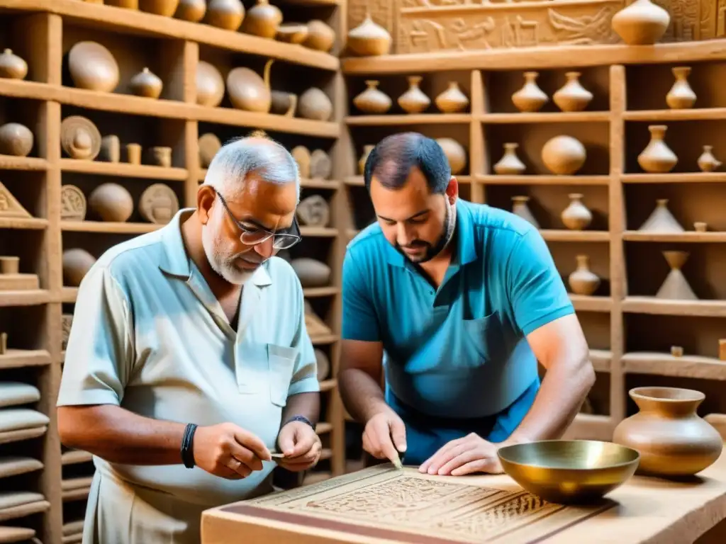 Un grupo de turistas observa con asombro la creación de patrones y amuletos egipcios en un taller antiguo, sumergiéndose en el significado cultural