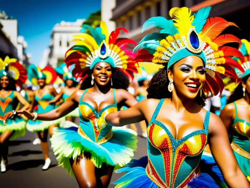 Grupo vibrante de bailarines de samba en el Carnaval de Río con patrones de danza y vestuario colorido, capturando su energía y movimiento