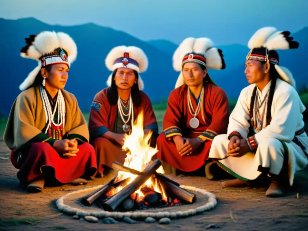 Guardianes espirituales siberianos con patrones en trajes tradicionales, en ceremonia alrededor del fuego en las montañas nevadas