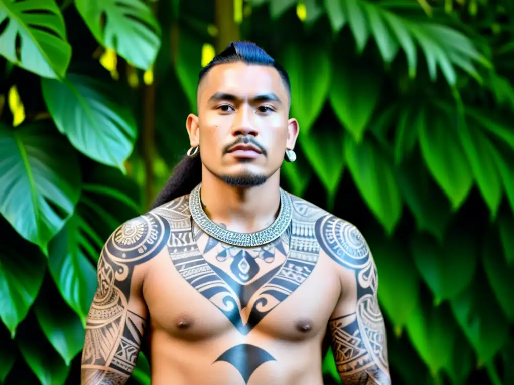 Guerrero Maorí con Tatuajes Tribales: Fotografía Vintage en Blanco y Negro Un guerrero maorí orgulloso muestra sus tatuajes tribales polinesios en una foto vintage en blanco y negro, rodeado de exuberante vegetación tropical