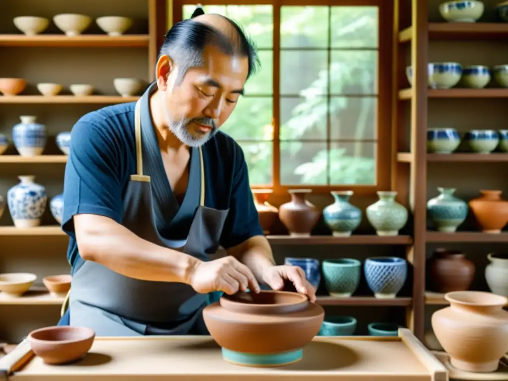 Un hábil alfarero en Kyoto da forma a una vasija de arcilla en una rueda tradicional, rodeado de cerámica pintada a mano en diferentes etapas