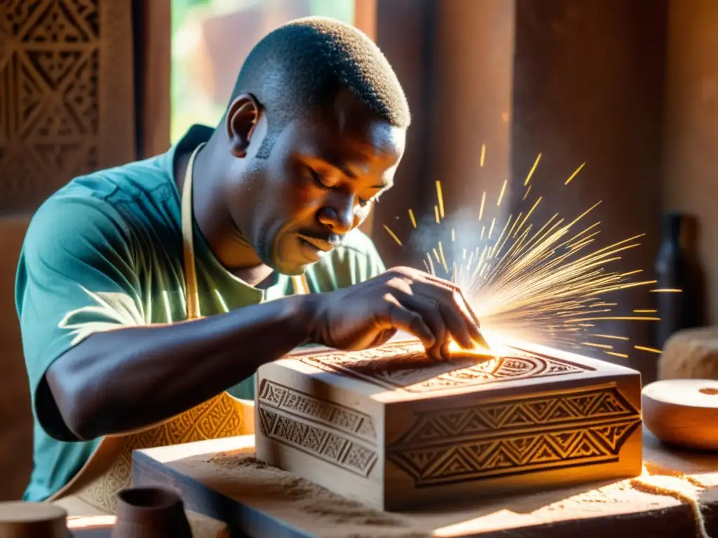Artesano africano tallando madera: tradición y destreza artística Un hábil artesano africano talla patrones en madera, con luz solar iluminando la escena