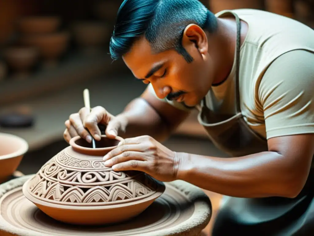 Un hábil artesano en México moldea una alfarería de diseño maya con técnicas tradicionales, evocando la rica herencia cultural