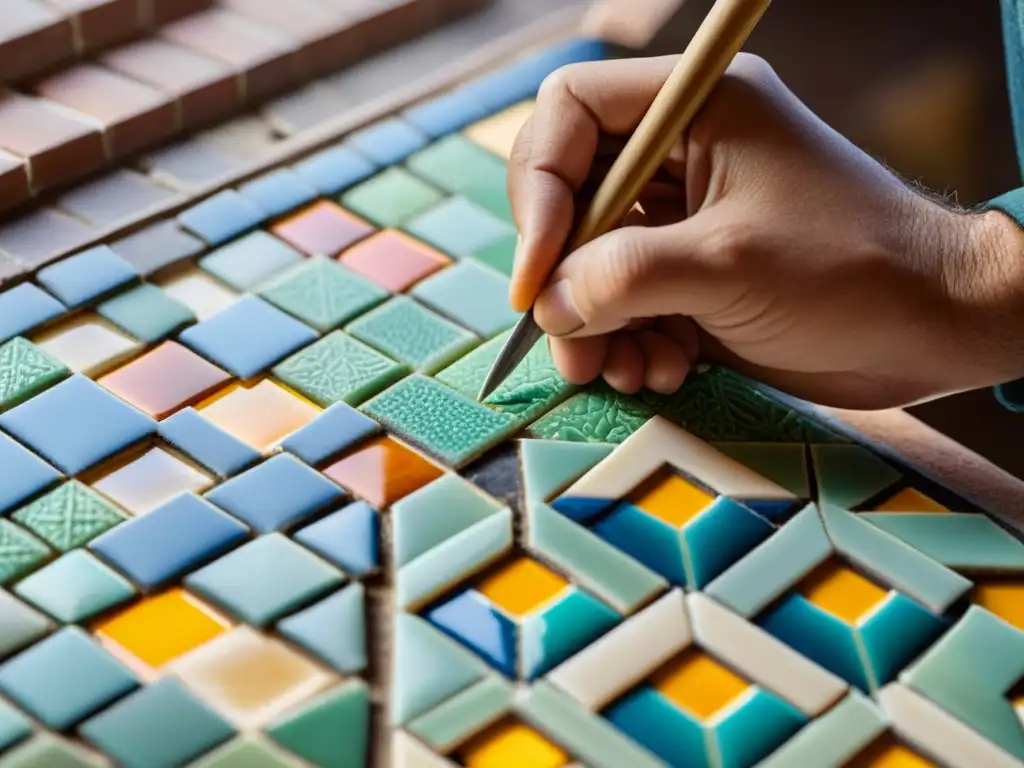 Un hábil artesano restaura un antiguo mosaico árabe, preservando su belleza atemporal y la rica historia cultural