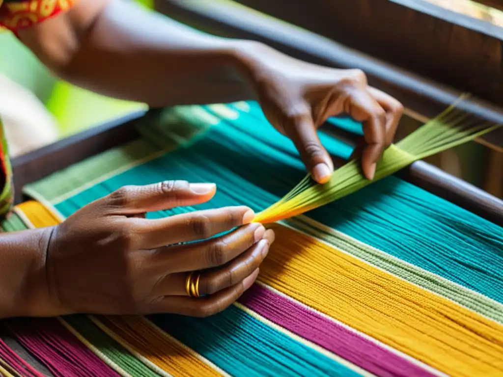 Un hábil artesano balinés teje con destreza patrones artísticos tradicionales de Bali en coloridos textiles, bajo la cálida luz natural