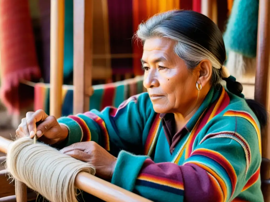 Un hábil artesano boliviano teje un tapiz andino con lana de alpaca teñida, rodeado de colores vibrantes y símbolos indígenas