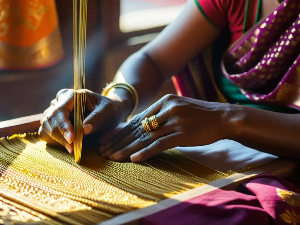 Un hábil artesano en Varanasi teje brocados Banarasi con hilos dorados y plateados, rodeado de coloridas bobinas de hilo y luz solar