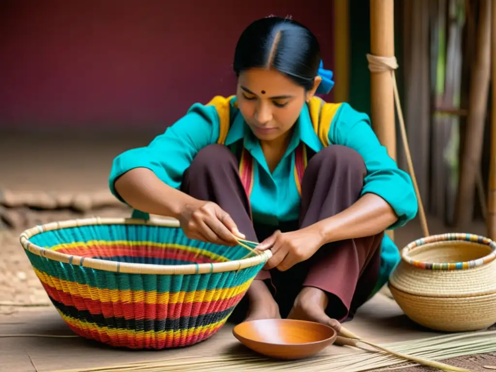 Un hábil artesano teje una cesta colorida usando técnicas tradicionales de cestería en América Latina, evocando una herencia cultural rica y vibrante